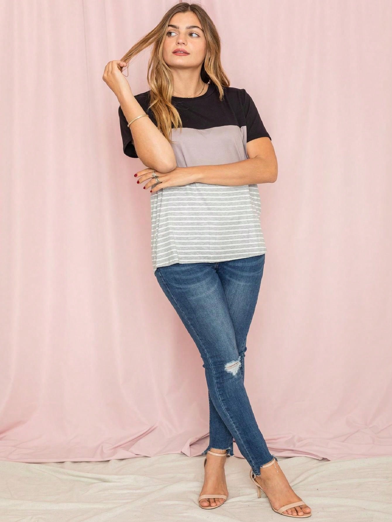 Pink Lavender Blue Mint Black Grey  Stripe Color Block Short Sleeve Top Shirt  | 7 Colors | S-3X