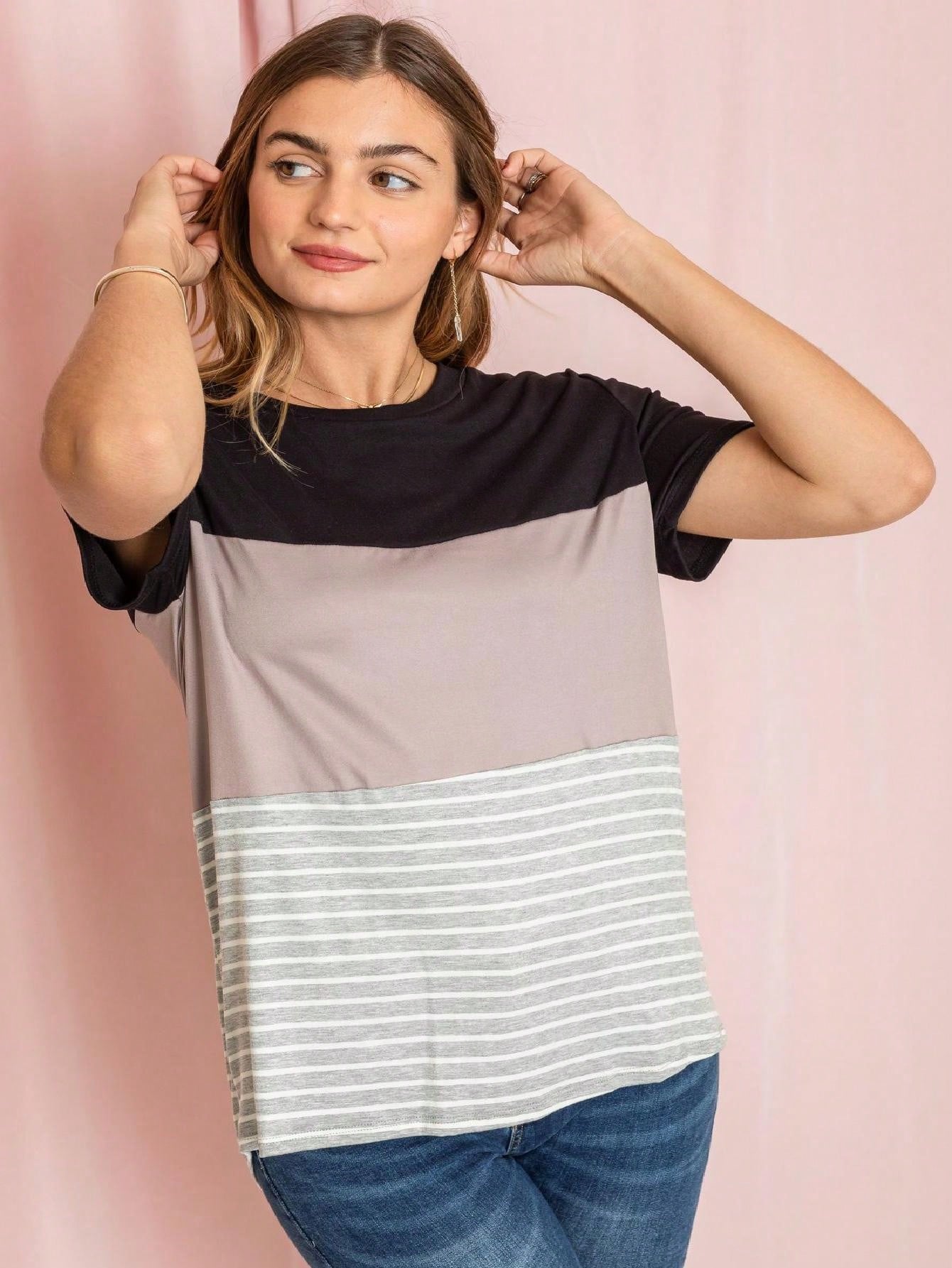 Pink Lavender Blue Mint Black Grey  Stripe Color Block Short Sleeve Top Shirt  | 7 Colors | S-3X