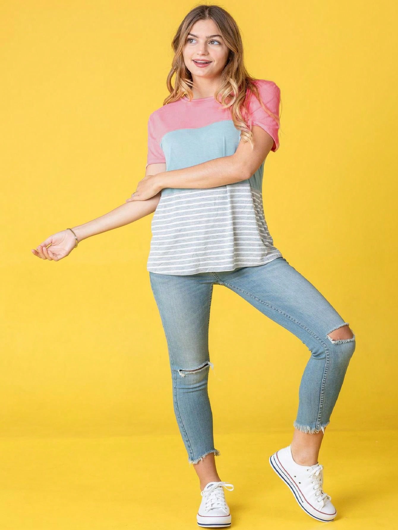 Pink Lavender Blue Mint Black Grey  Stripe Color Block Short Sleeve Top Shirt  | 7 Colors | S-3X