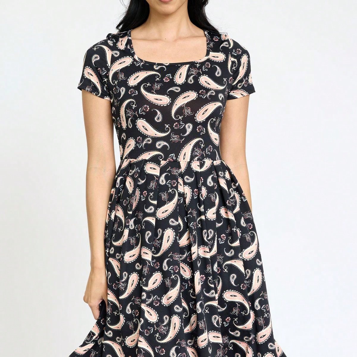 Chevron Stripe Paisley Oriental Floral Southern Style Gathered Pleated Swing Dress | S-3X