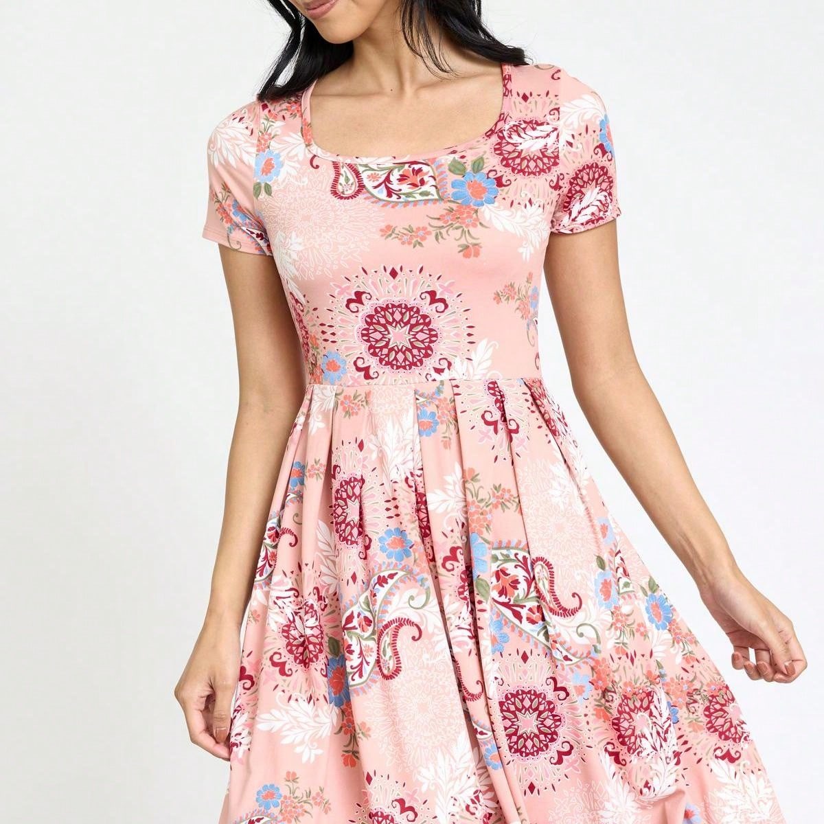 Chevron Stripe Paisley Oriental Floral Southern Style Gathered Pleated Swing Dress | S-3X