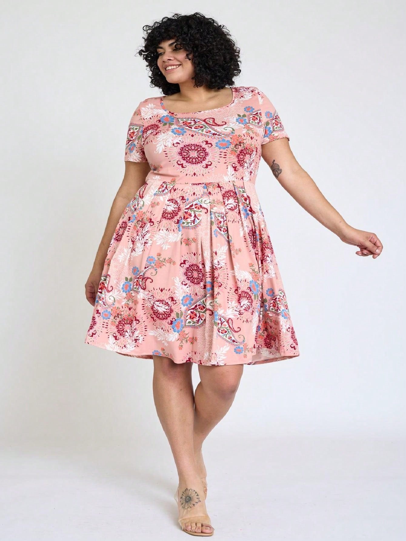 Chevron Stripe Paisley Oriental Floral Southern Style Gathered Pleated Swing Dress | S-3X