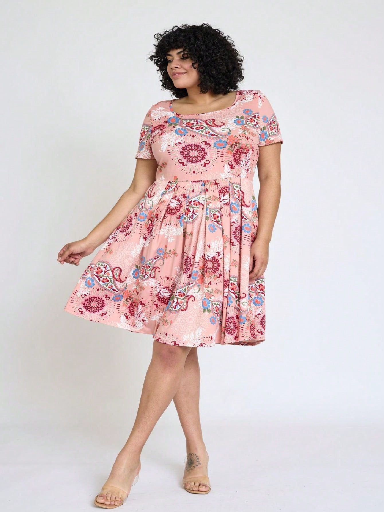 Chevron Stripe Paisley Oriental Floral Southern Style Gathered Pleated Swing Dress | S-3X