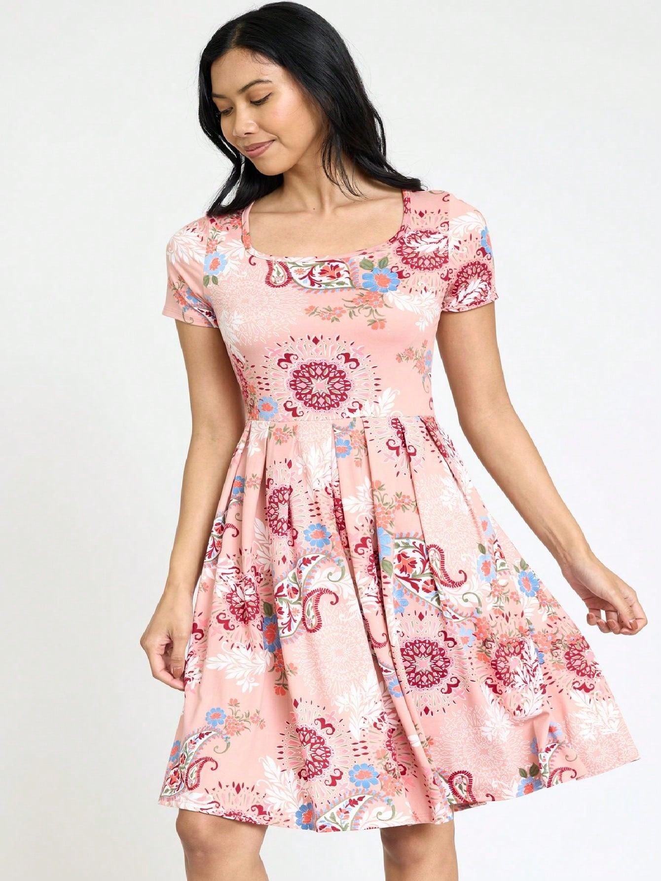 Chevron Stripe Paisley Oriental Floral Southern Style Gathered Pleated Swing Dress | S-3X
