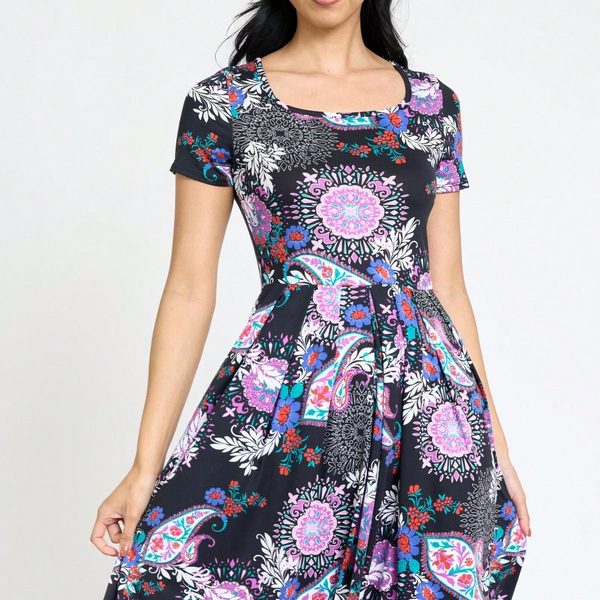 Chevron Stripe Paisley Oriental Floral Southern Style Gathered Pleated Swing Dress | S-3X