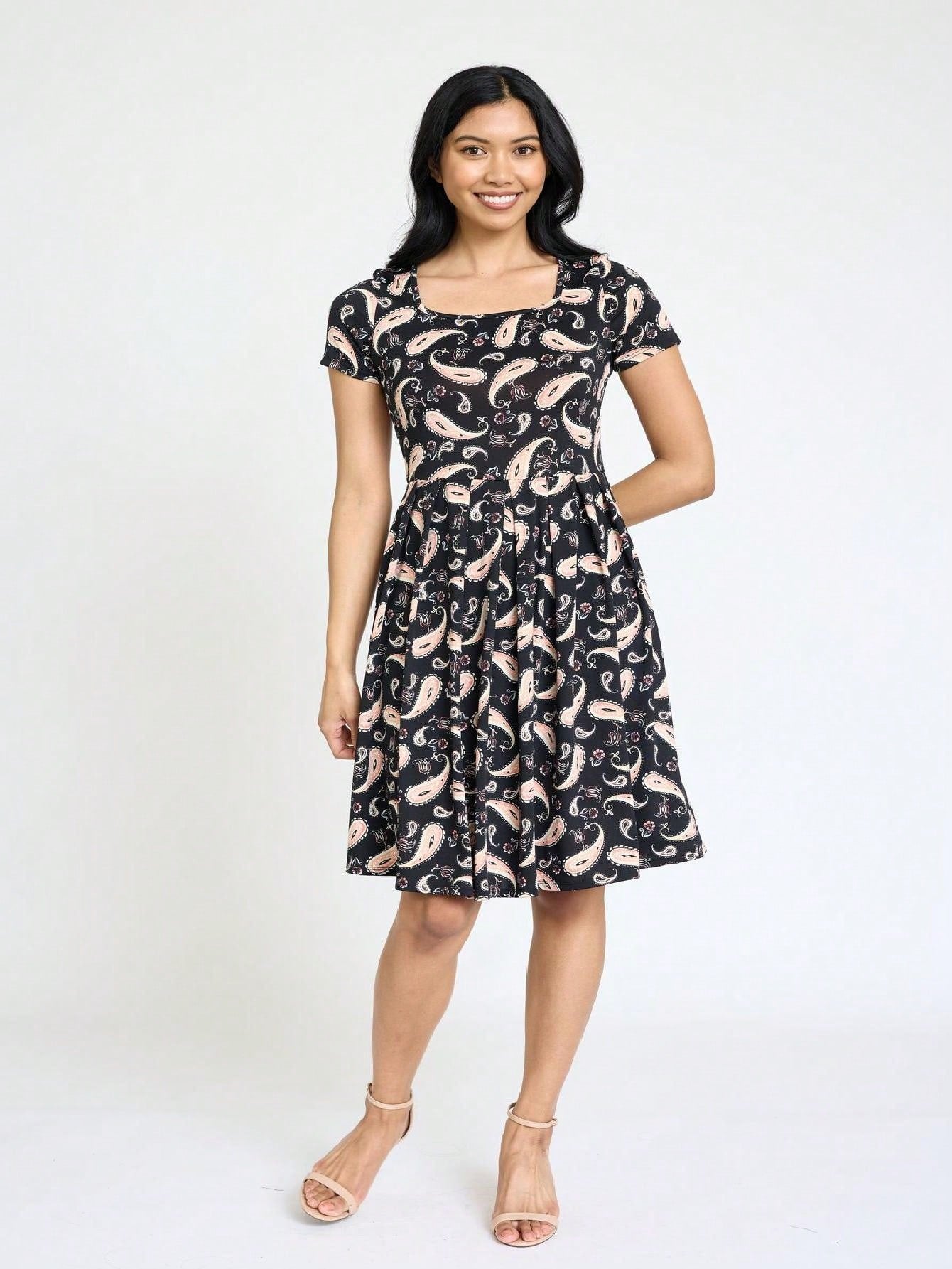 Chevron Stripe Paisley Oriental Floral Southern Style Gathered Pleated Swing Dress | S-3X