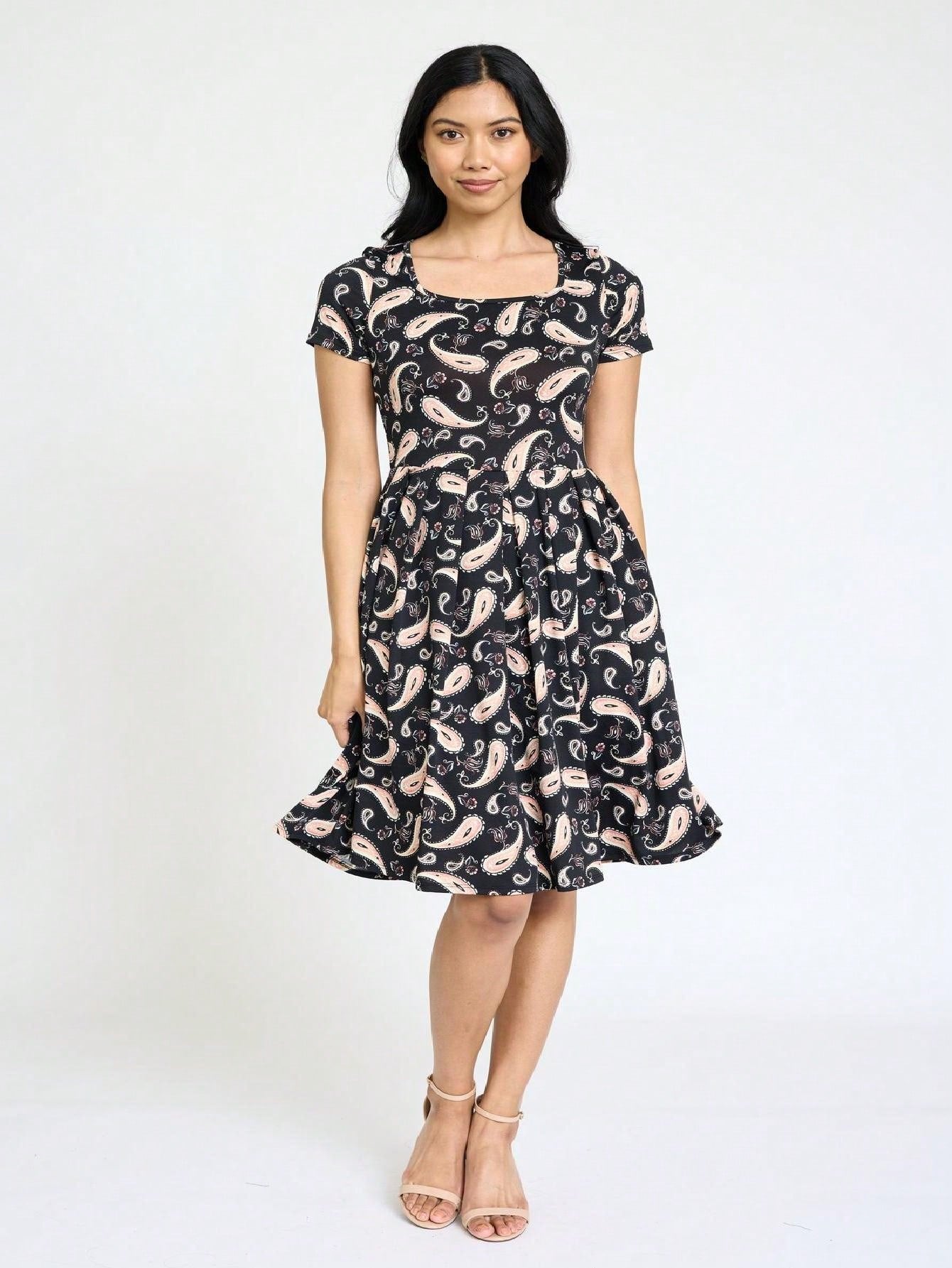 Chevron Stripe Paisley Oriental Floral Southern Style Gathered Pleated Swing Dress | S-3X