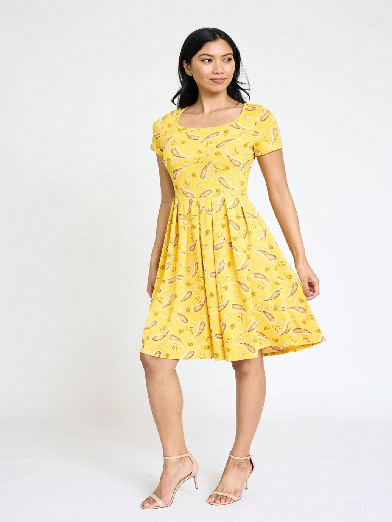 Chevron Stripe Paisley Oriental Floral Southern Style Gathered Pleated Swing Dress | S-3X