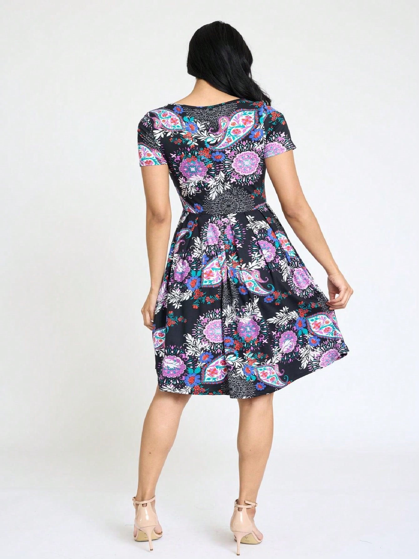 Chevron Stripe Paisley Oriental Floral Southern Style Gathered Pleated Swing Dress | S-3X