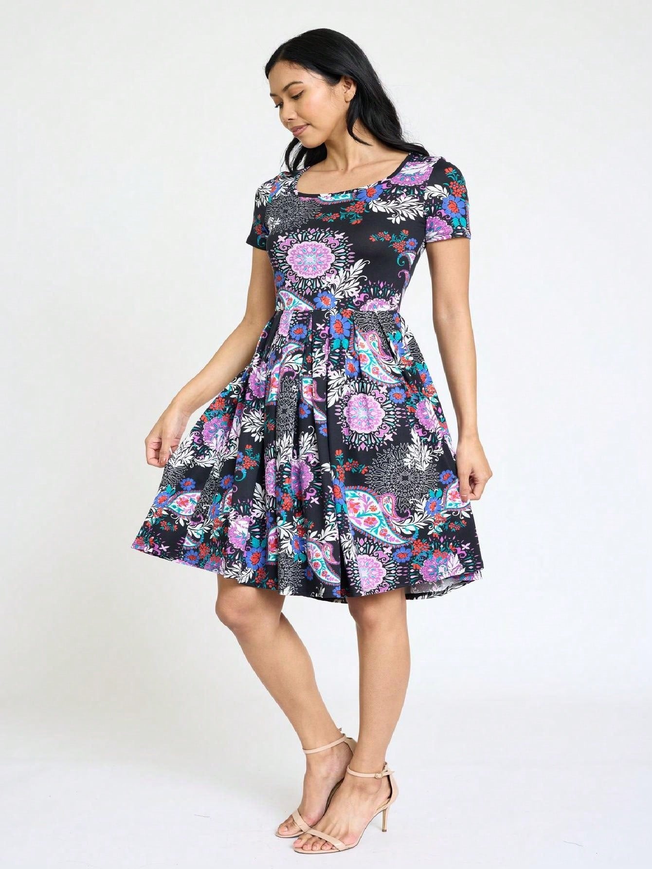 Chevron Stripe Paisley Oriental Floral Southern Style Gathered Pleated Swing Dress | S-3X