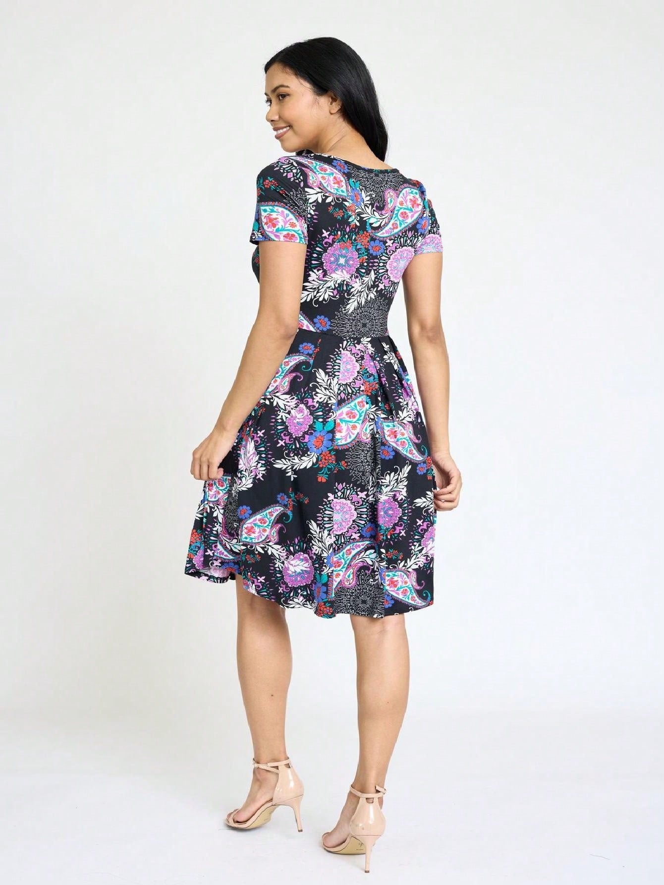 Chevron Stripe Paisley Oriental Floral Southern Style Gathered Pleated Swing Dress | S-3X