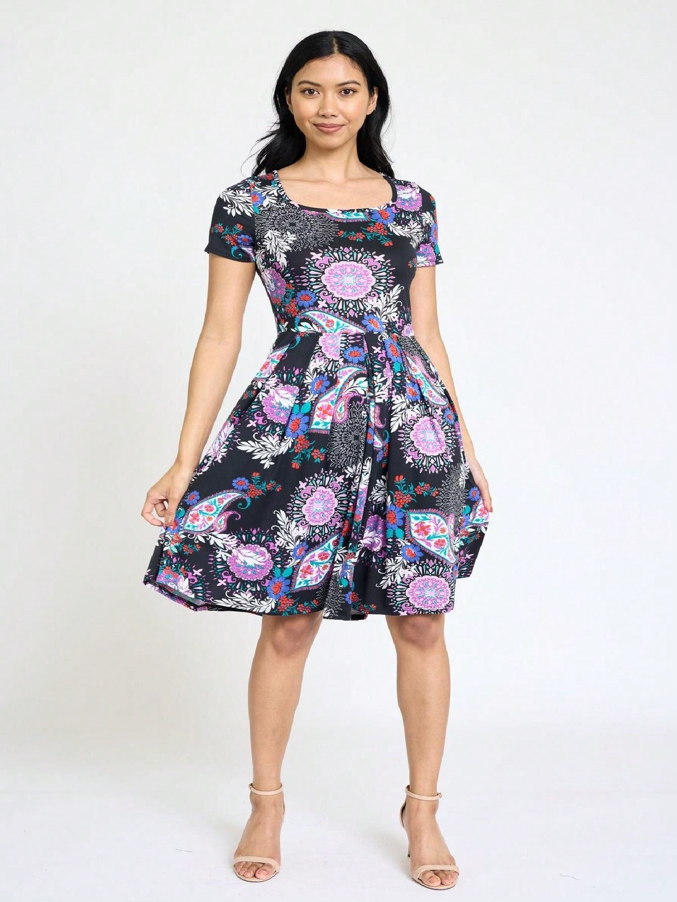 Chevron Stripe Paisley Oriental Floral Southern Style Gathered Pleated Swing Dress | S-3X
