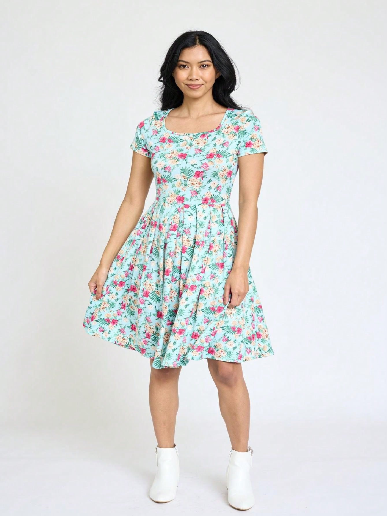Chevron Stripe Paisley Oriental Floral Southern Style Gathered Pleated Swing Dress | S-3X