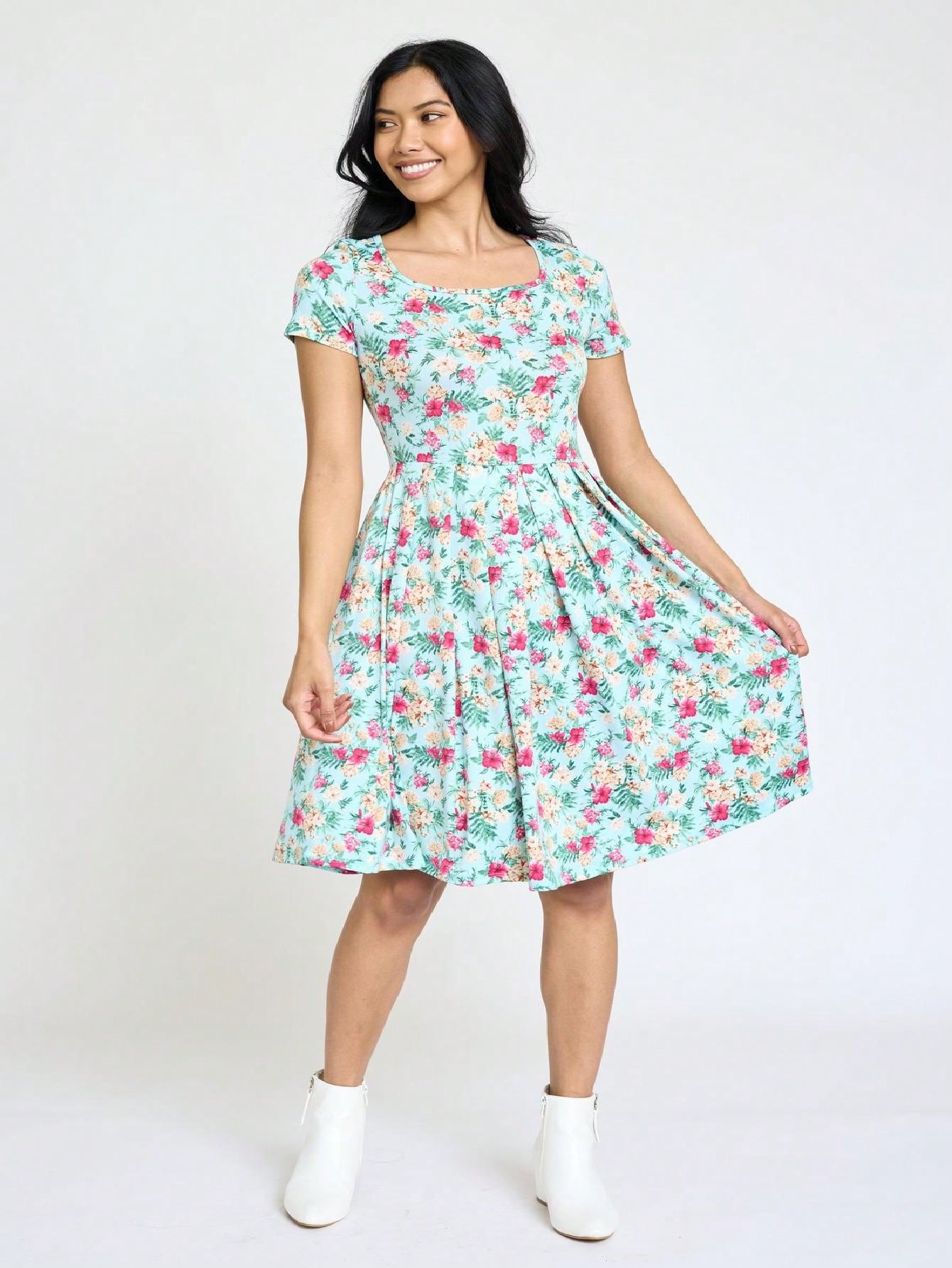 Chevron Stripe Paisley Oriental Floral Southern Style Gathered Pleated Swing Dress | S-3X