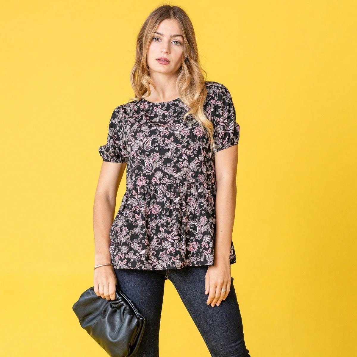Summer Peplum Paisley Bishop Lantern Puff Sleeve Crew Neck Cute Baby Doll Top Blouse Breathable Shirt , Small To Plus Extended Size
