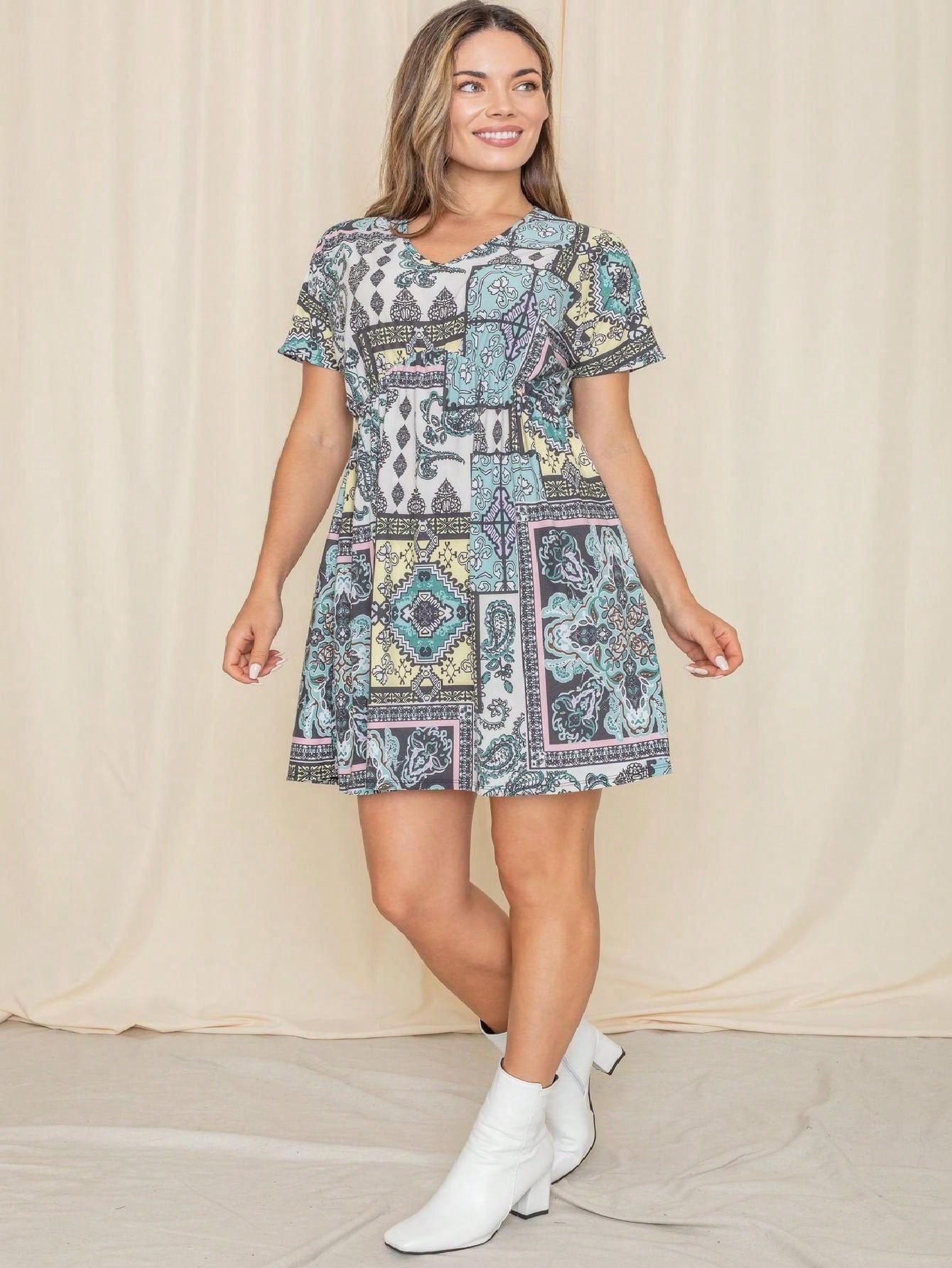 Boho Vintage Mint Pink Blue Patchwork V-Neck Dolman Sleeve Mini Swing Southern Dress Cover Up| S-3X