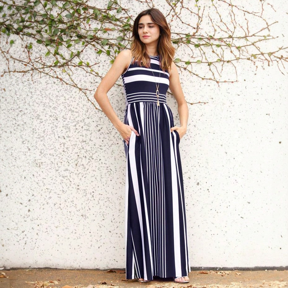 Elegant Stripe Maxi Dress With Side Pockets Versatile Summer Dress For Women