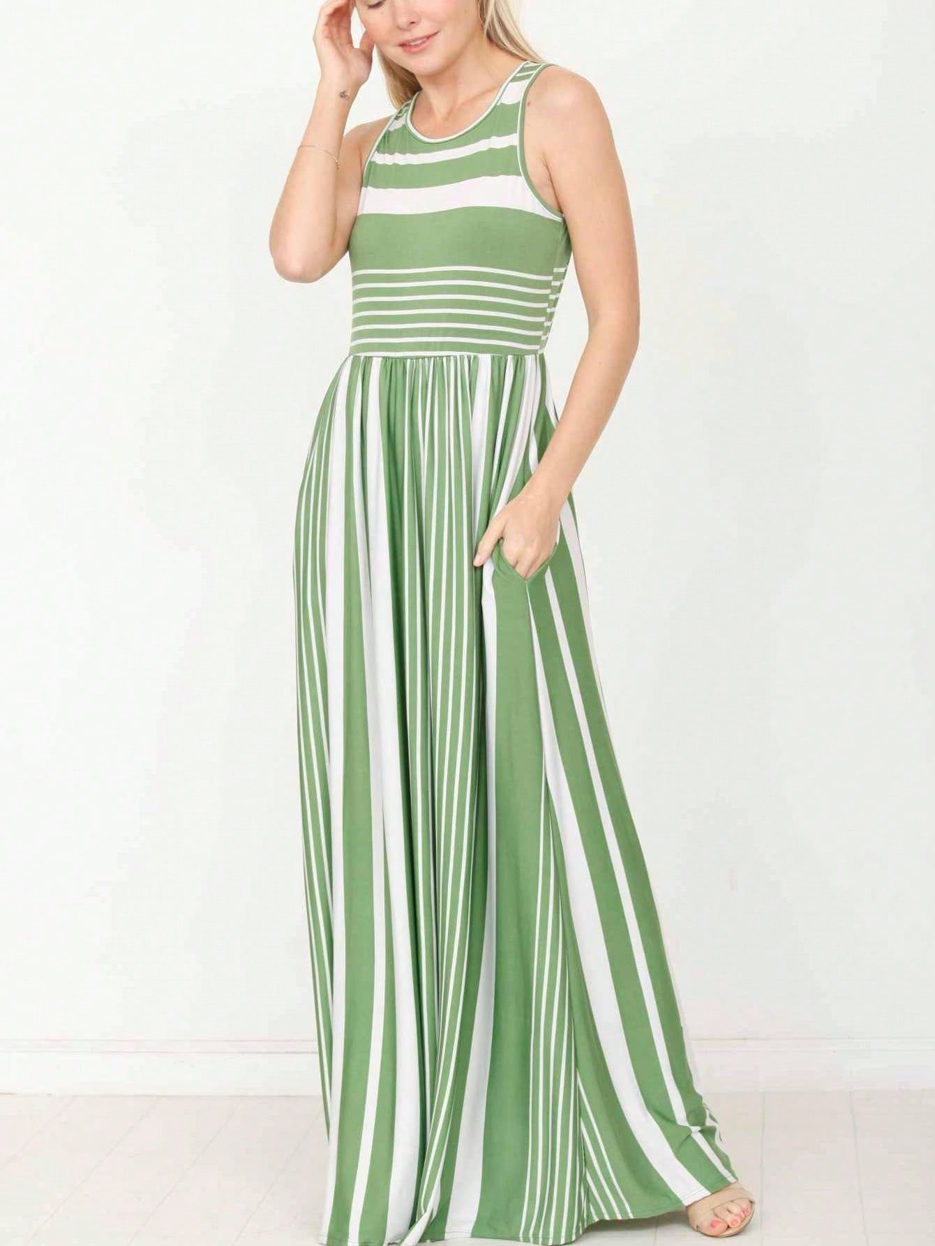 Elegant Stripe Maxi Dress With Side Pockets Versatile Summer Dress For Women
