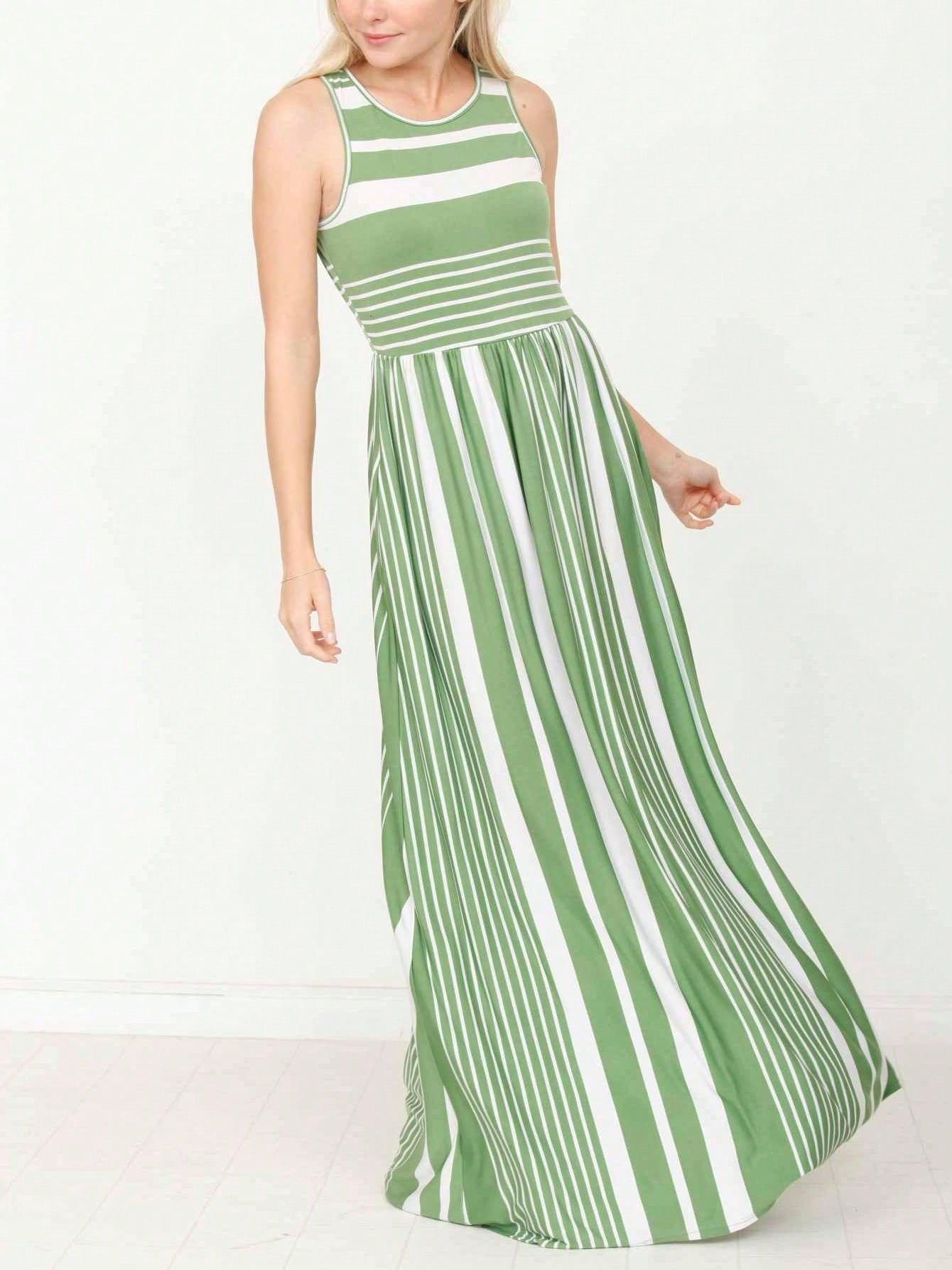Elegant Stripe Maxi Dress With Side Pockets Versatile Summer Dress For Women