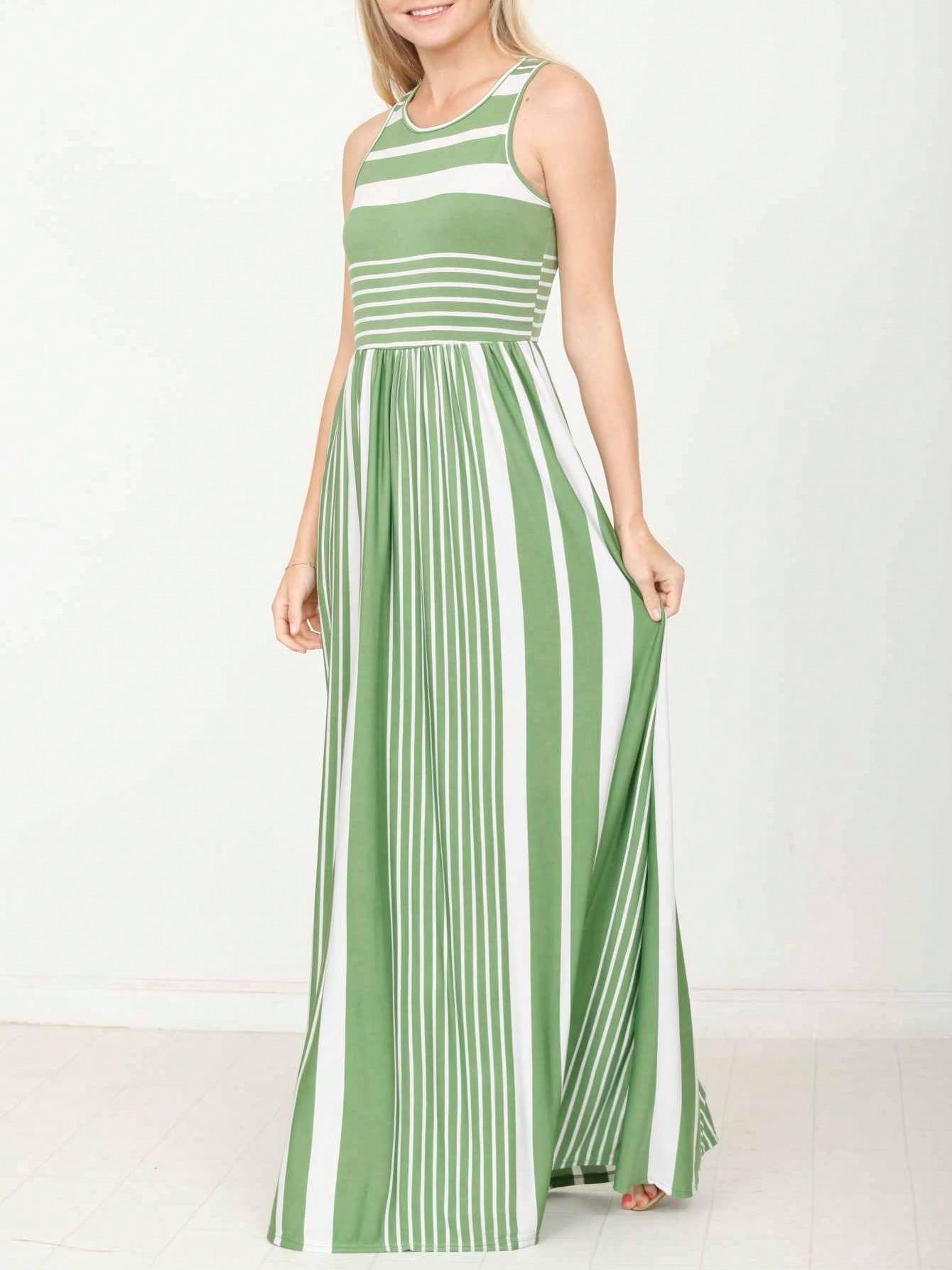 Elegant Stripe Maxi Dress With Side Pockets Versatile Summer Dress For Women