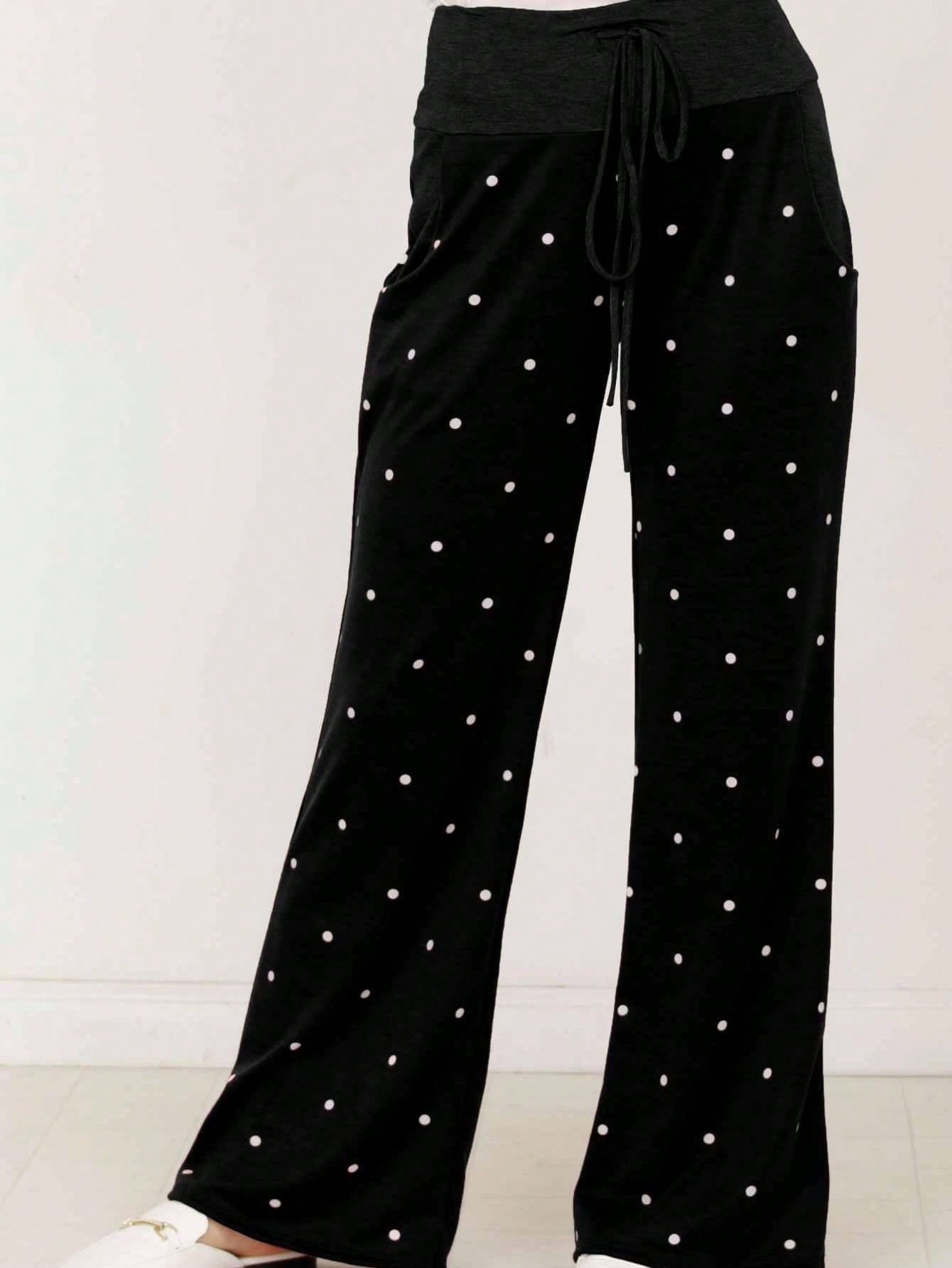 Polka Dot Draw String Wide Leg Lounge Vintage Charcoal Navy Black Sage Log Pants Small To 3 XL Plus