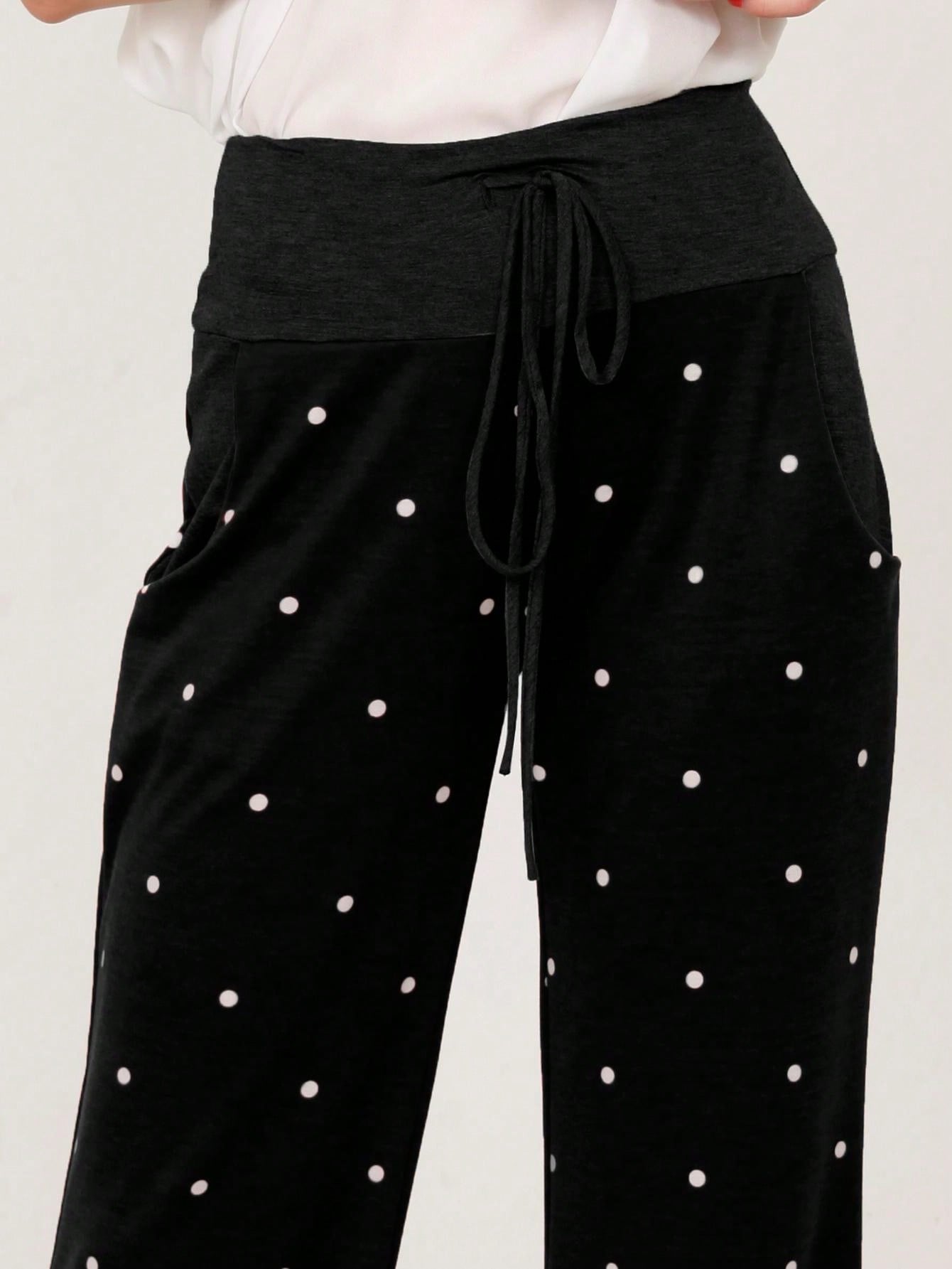 Polka Dot Draw String Wide Leg Lounge Vintage Charcoal Navy Black Sage Log Pants Small To 3 XL Plus