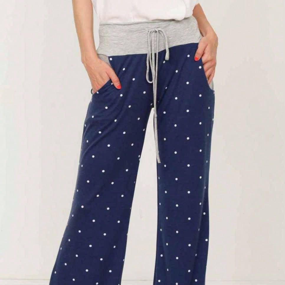 Polka Dot Draw String Wide Leg Lounge Vintage Charcoal Navy Black Sage Log Pants Small To 3 XL Plus