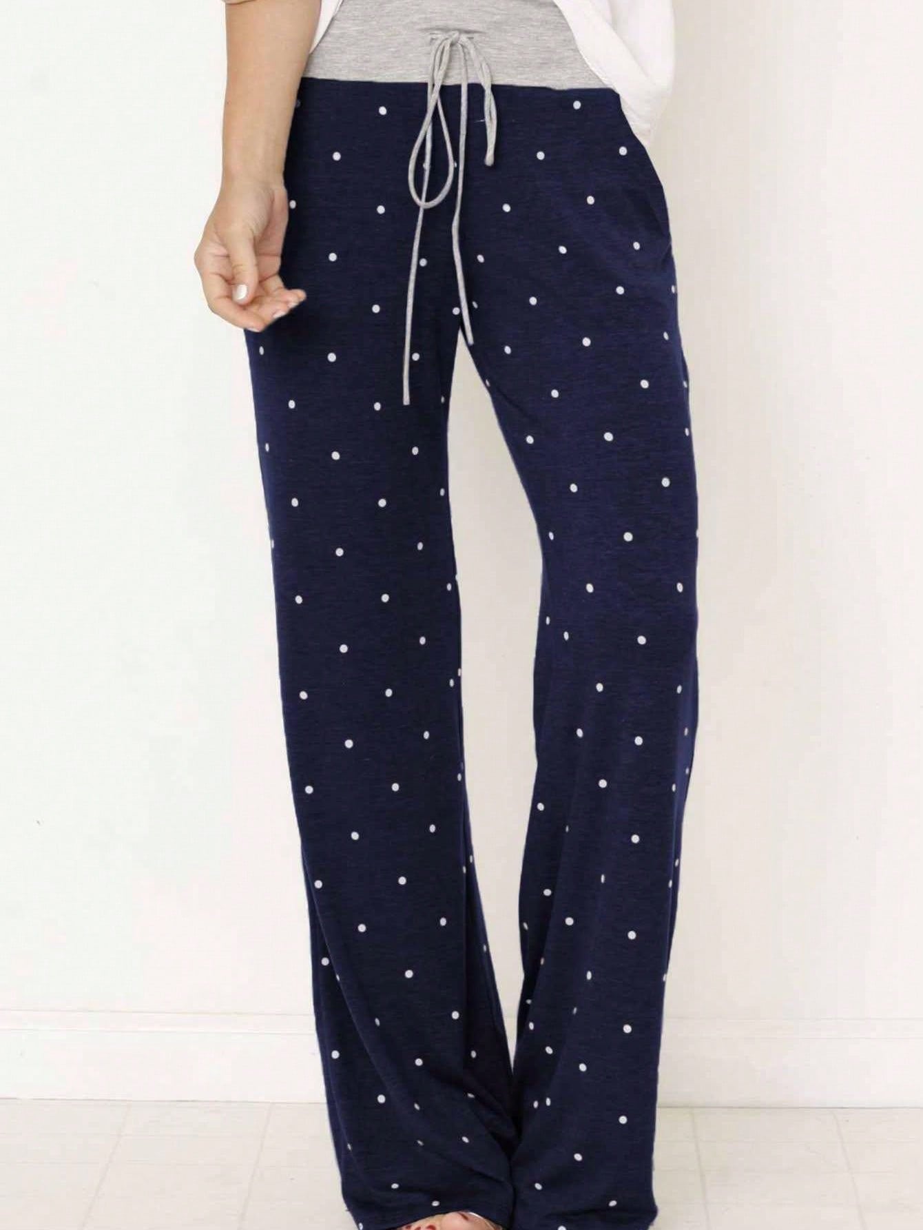 Polka Dot Draw String Wide Leg Lounge Vintage Charcoal Navy Black Sage Log Pants Small To 3 XL Plus