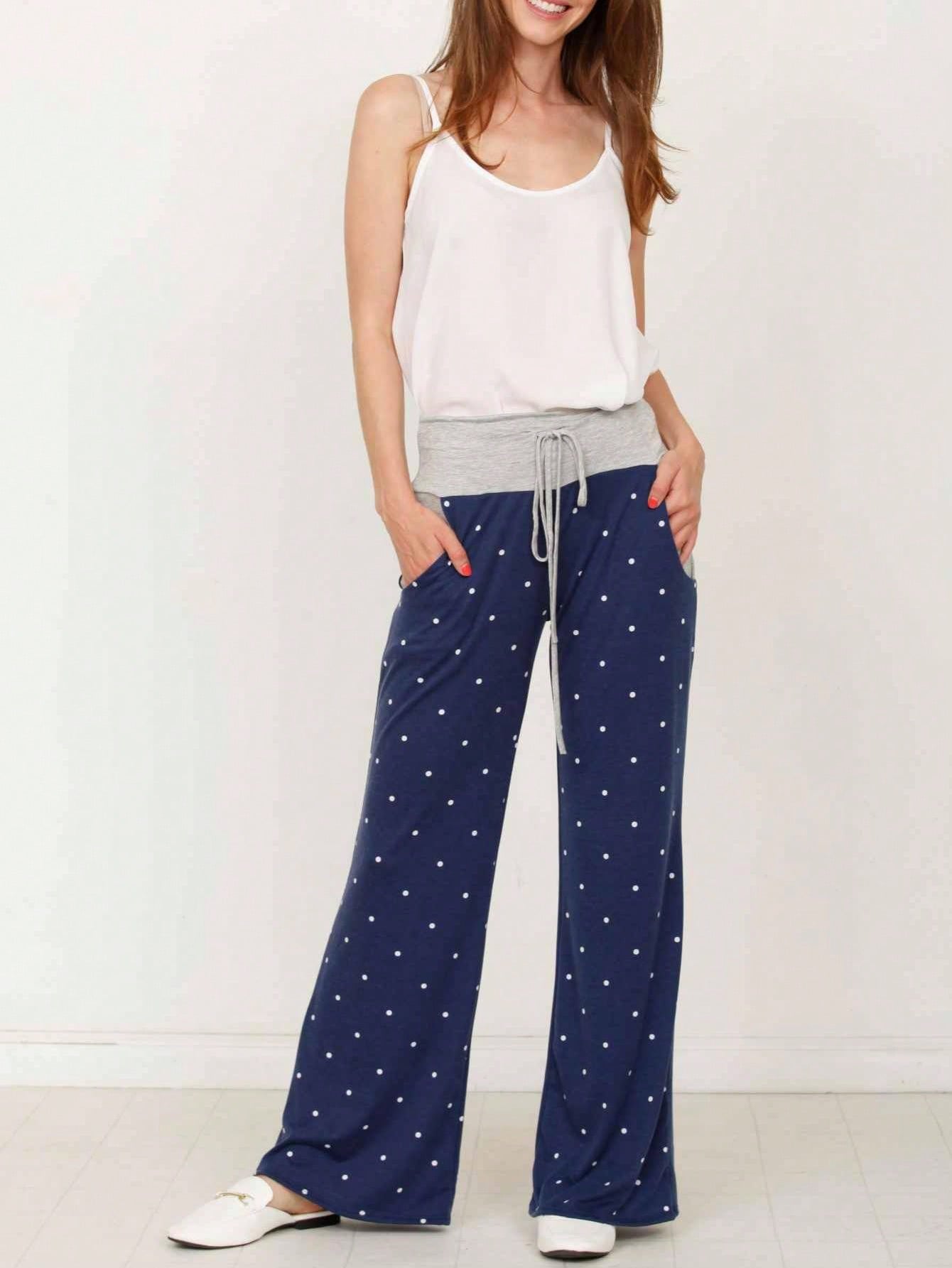 Polka Dot Draw String Wide Leg Lounge Vintage Charcoal Navy Black Sage Log Pants Small To 3 XL Plus