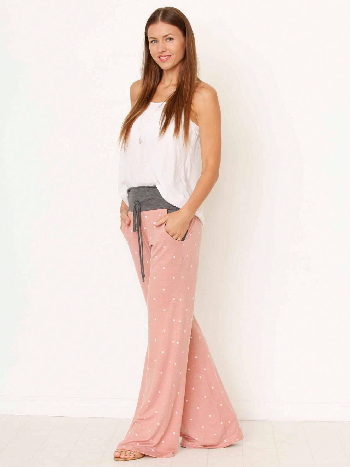 Polka Dot Draw String Wide Leg Lounge Vintage Charcoal Navy Black Sage Log Pants Small To 3 XL Plus