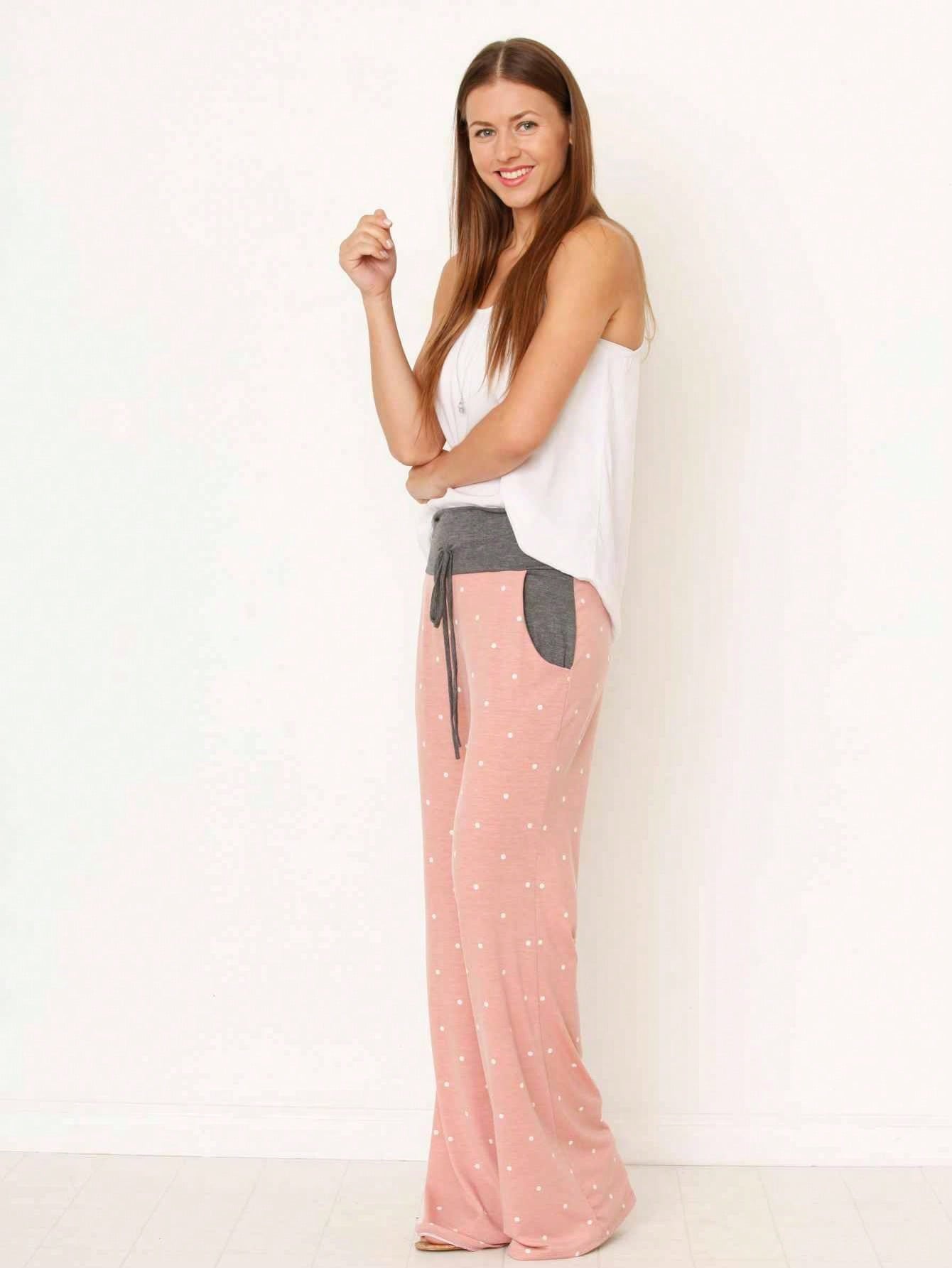 Polka Dot Draw String Wide Leg Lounge Vintage Charcoal Navy Black Sage Log Pants Small To 3 XL Plus