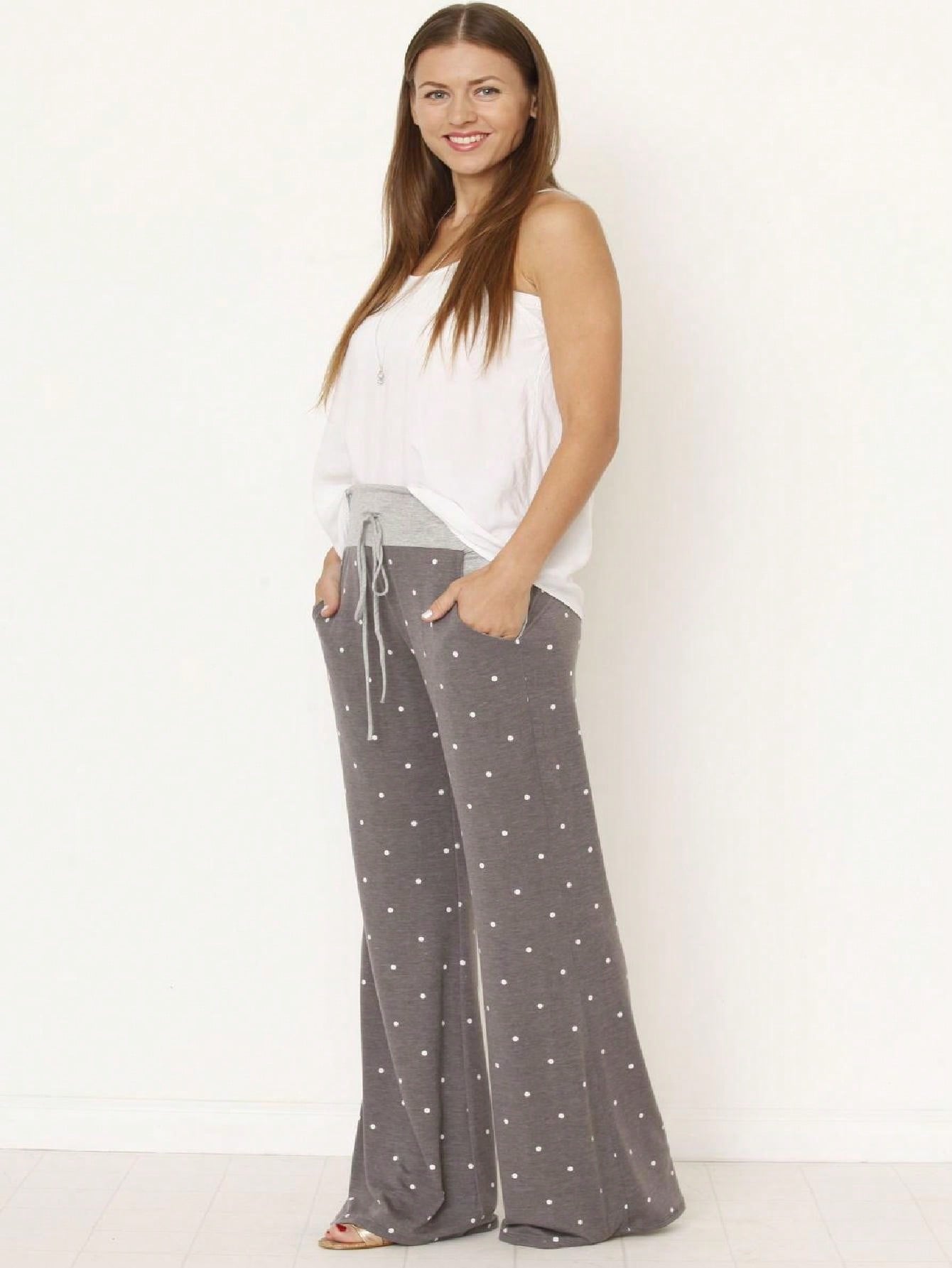 Polka Dot Draw String Wide Leg Lounge Vintage Charcoal Navy Black Sage Log Pants Small To 3 XL Plus