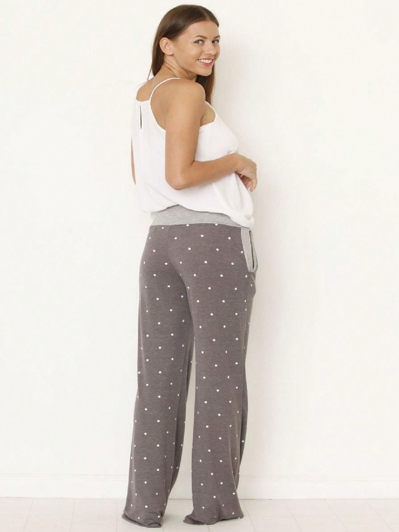 Polka Dot Draw String Wide Leg Lounge Vintage Charcoal Navy Black Sage Log Pants Small To 3 XL Plus