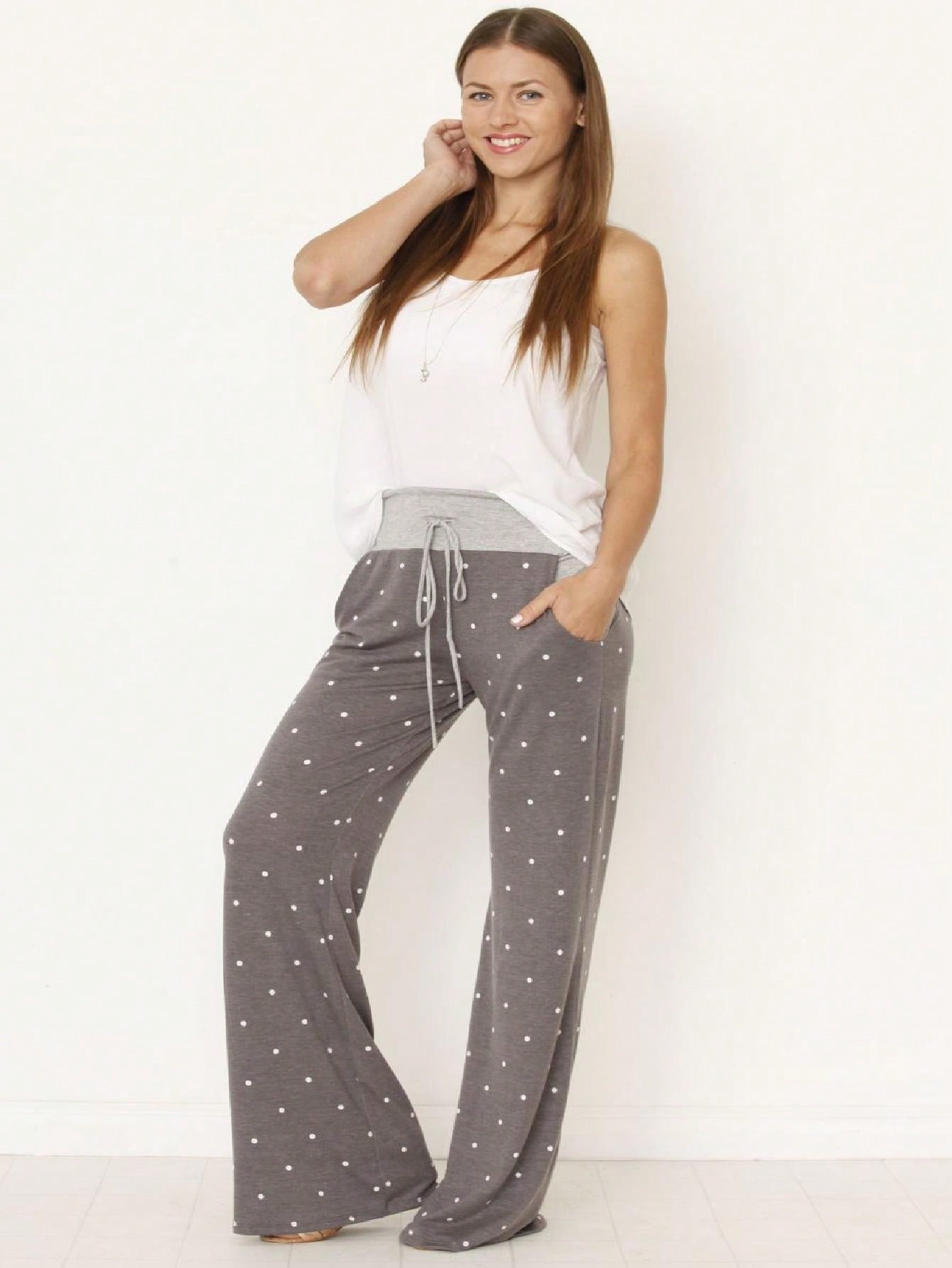 Polka Dot Draw String Wide Leg Lounge Vintage Charcoal Navy Black Sage Log Pants Small To 3 XL Plus