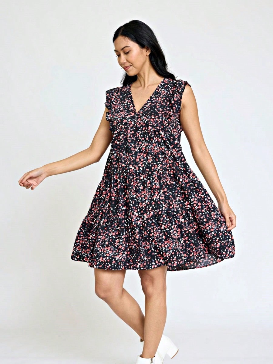 Vintage Boho Flutter Sleeve Summer Black Brown Pink Leopard Floral Shift Short Swing Aline Southern Dress | Small - 3 XL Plus