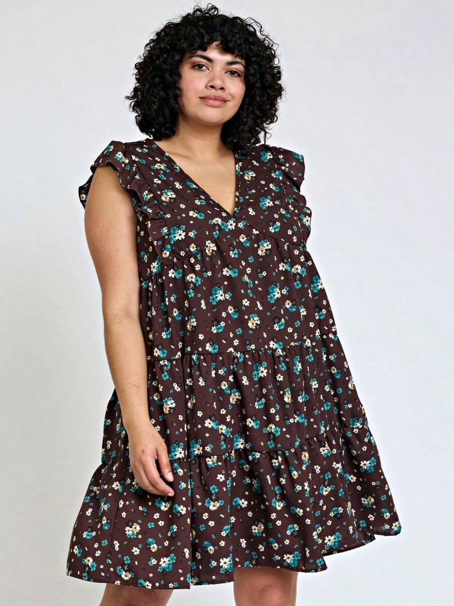 Vintage Boho Flutter Sleeve Summer Black Brown Pink Leopard Floral Shift Short Swing Aline Southern Dress | Small - 3 XL Plus