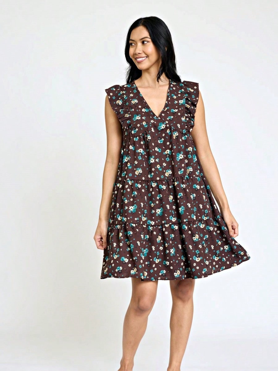 Vintage Boho Flutter Sleeve Summer Black Brown Pink Leopard Floral Shift Short Swing Aline Southern Dress | Small - 3 XL Plus