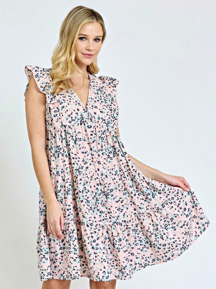 Vintage Boho Flutter Sleeve Summer Black Brown Pink Leopard Floral Shift Short Swing Aline Southern Dress | Small - 3 XL Plus