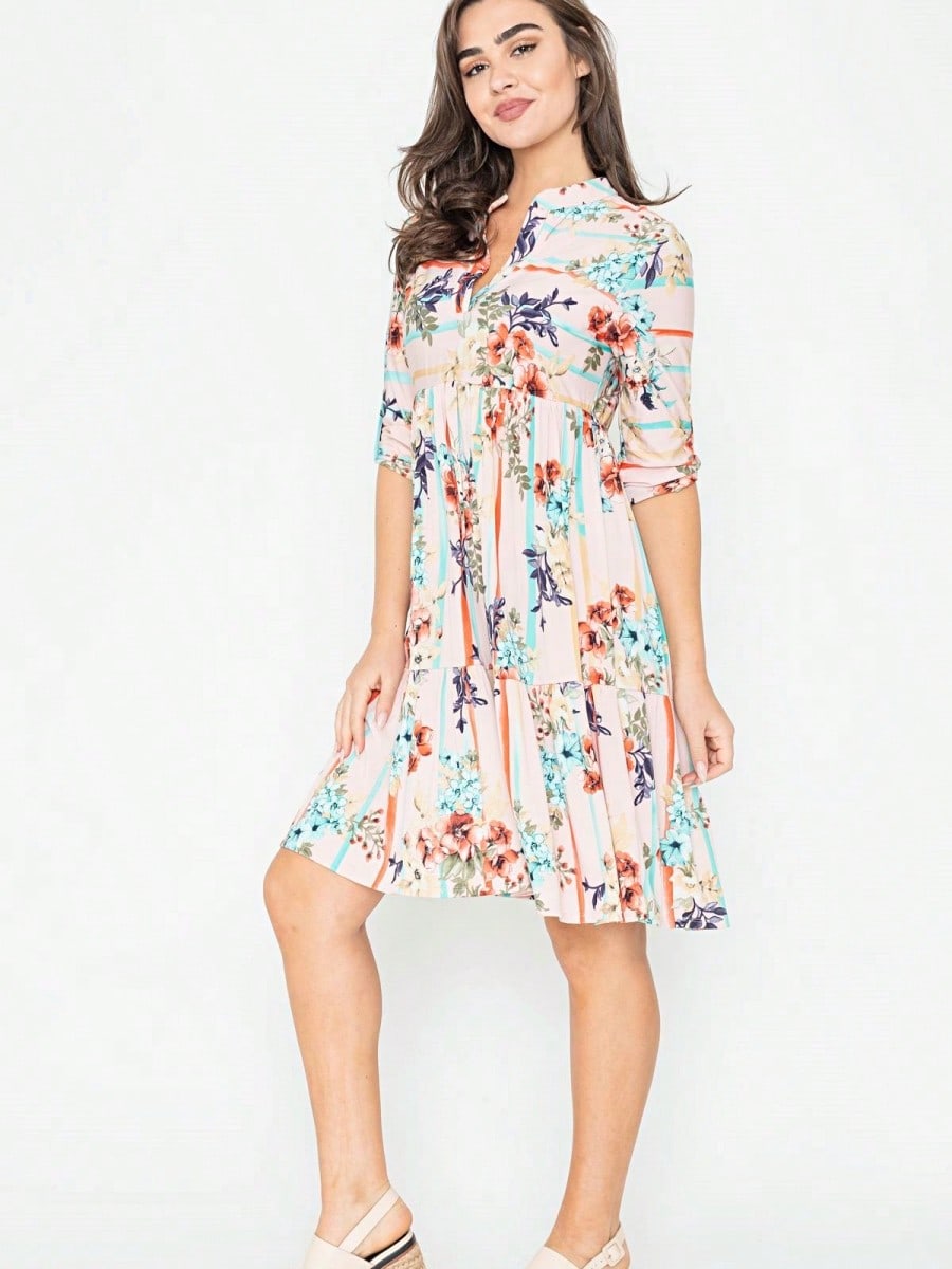 Vintage Boho Summer Fall Pink Floral Stripe Shift Swing Notch Neck Rolled Up Sleeve Southern Dress | Small-3 XL Plus