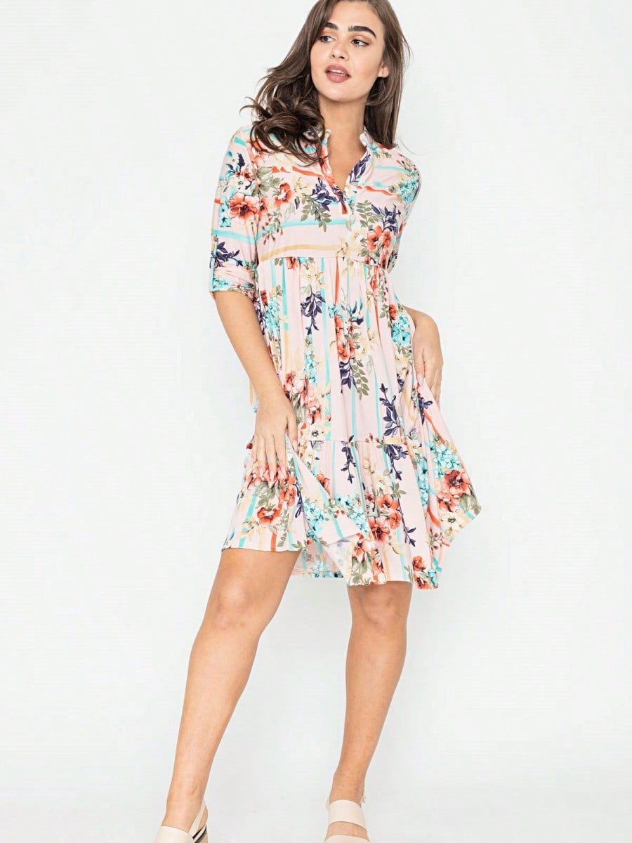 Vintage Boho Summer Fall Pink Floral Stripe Shift Swing Notch Neck Rolled Up Sleeve Southern Dress | Small-3 XL Plus