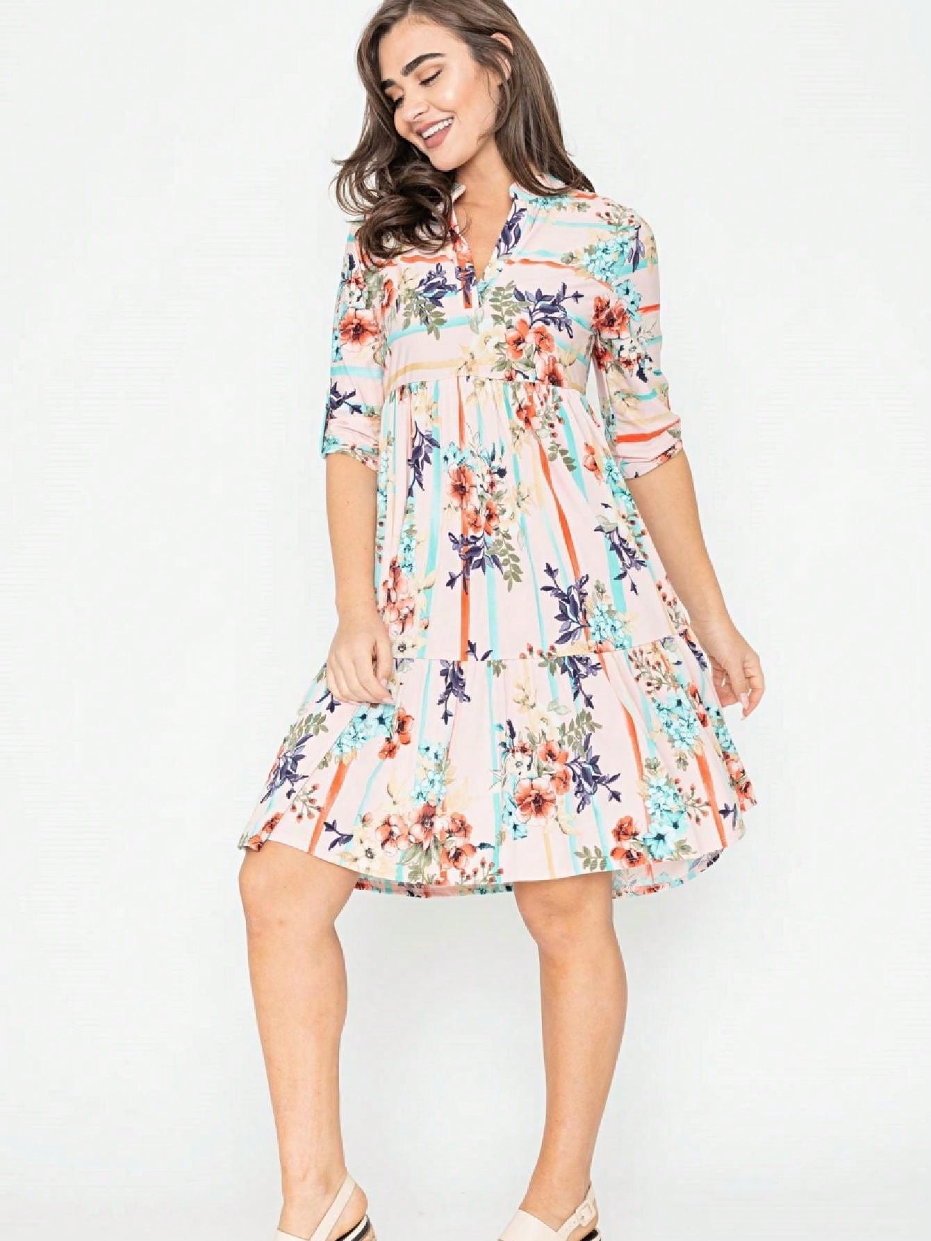 Vintage Boho Summer Fall Pink Floral Stripe Shift Swing Notch Neck Rolled Up Sleeve Southern Dress | Small-3 XL Plus