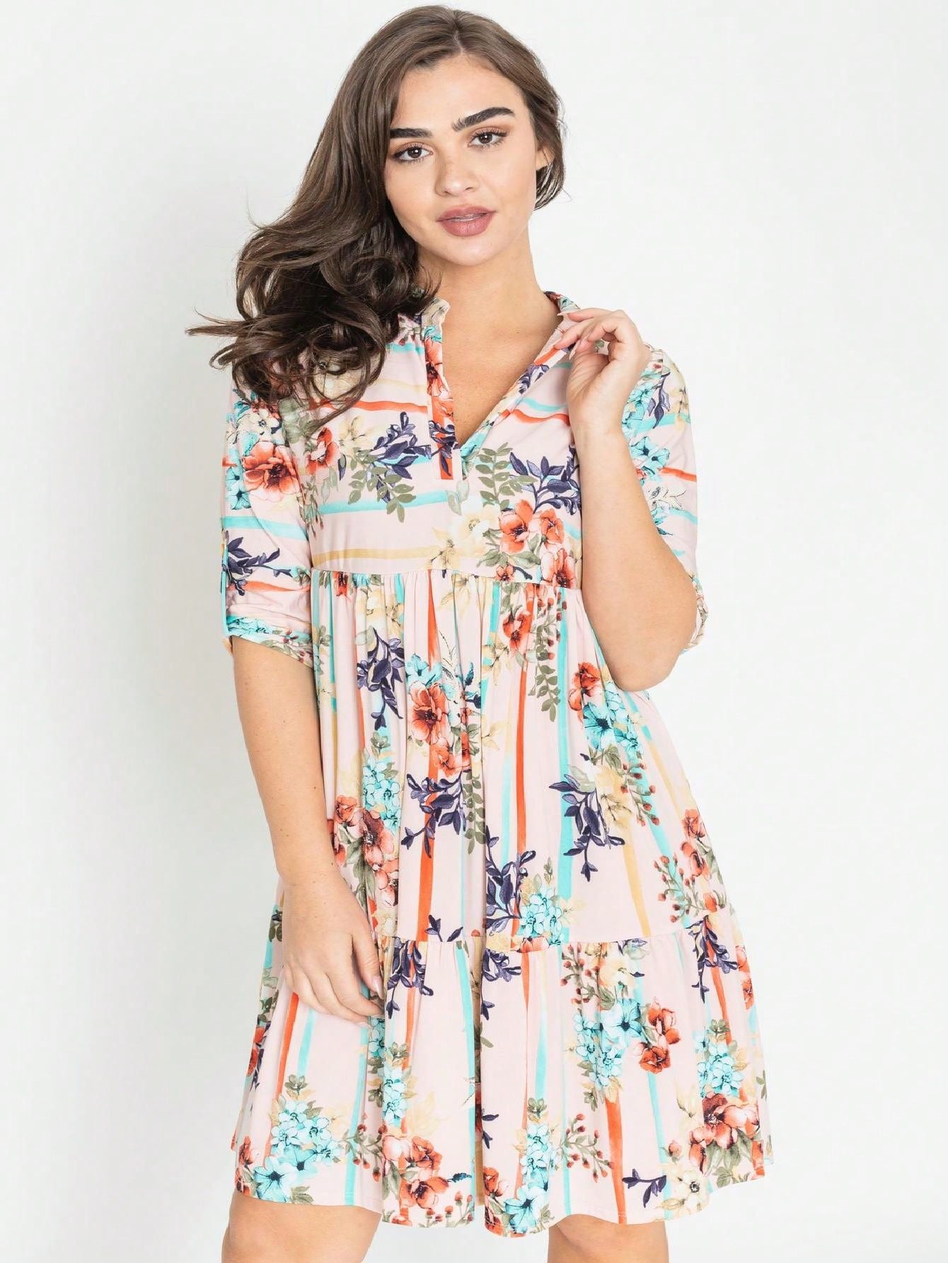 Vintage Boho Summer Fall Pink Floral Stripe Shift Swing Notch Neck Rolled Up Sleeve Southern Dress | Small-3 XL Plus