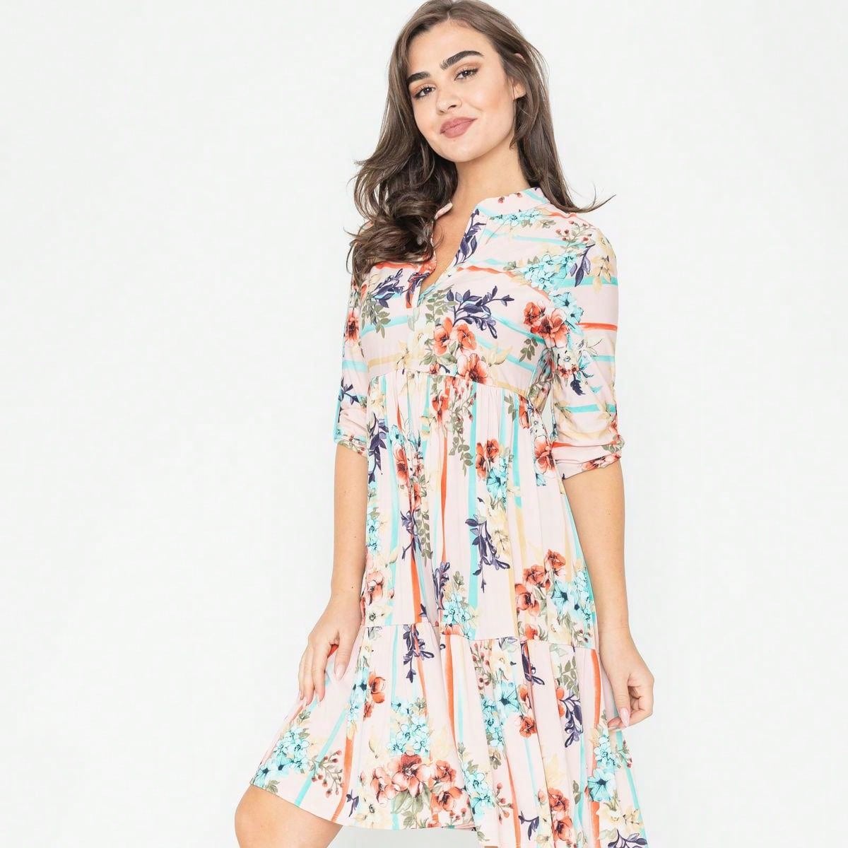 Vintage Boho Summer Fall Pink Floral Stripe Shift Swing Notch Neck Rolled Up Sleeve Southern Dress | Small-3 XL Plus