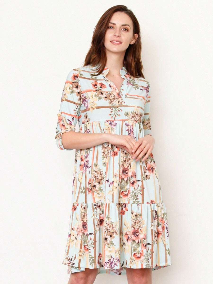 Vintage Boho Summer Fall Pink Floral Stripe Shift Swing Notch Neck Rolled Up Sleeve Southern Dress | Small-3 XL Plus