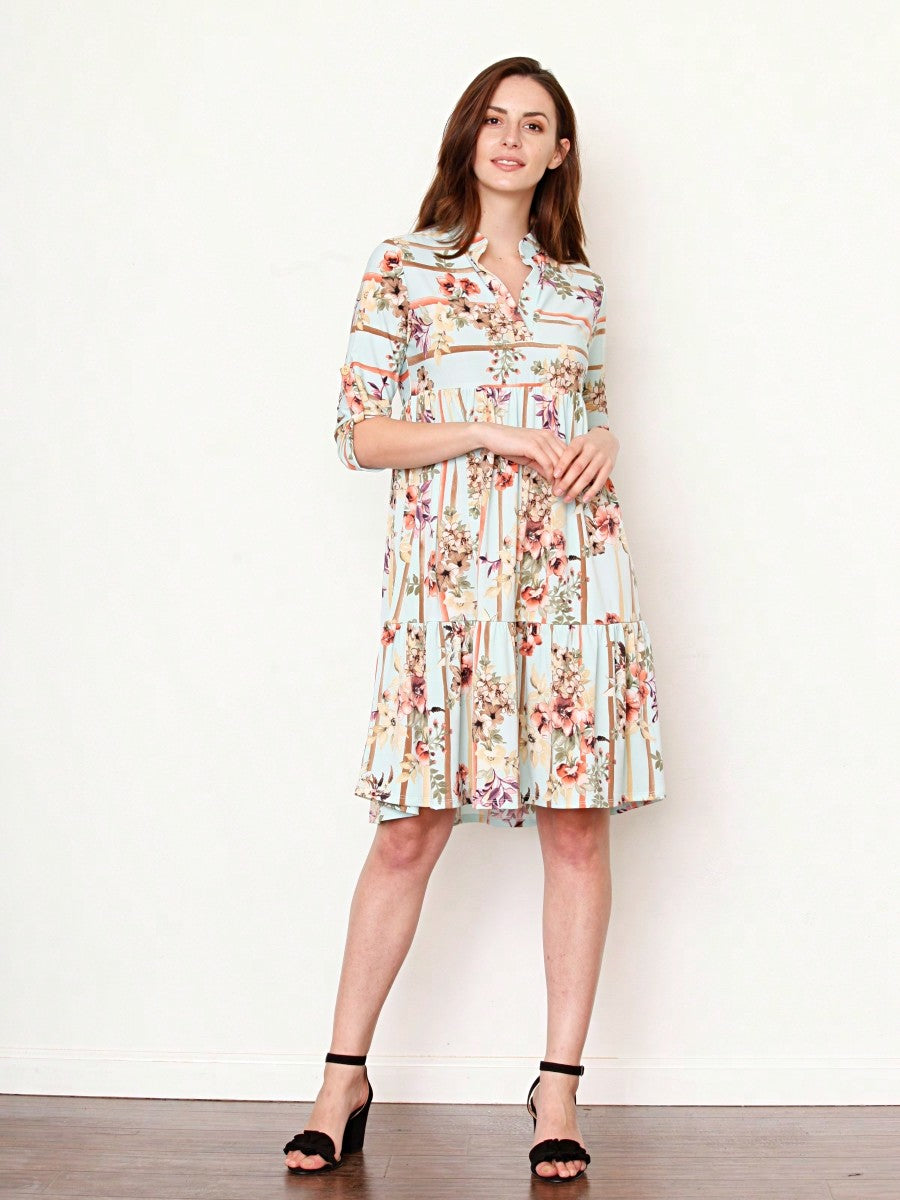 Vintage Boho Summer Fall Pink Floral Stripe Shift Swing Notch Neck Rolled Up Sleeve Southern Dress | Small-3 XL Plus
