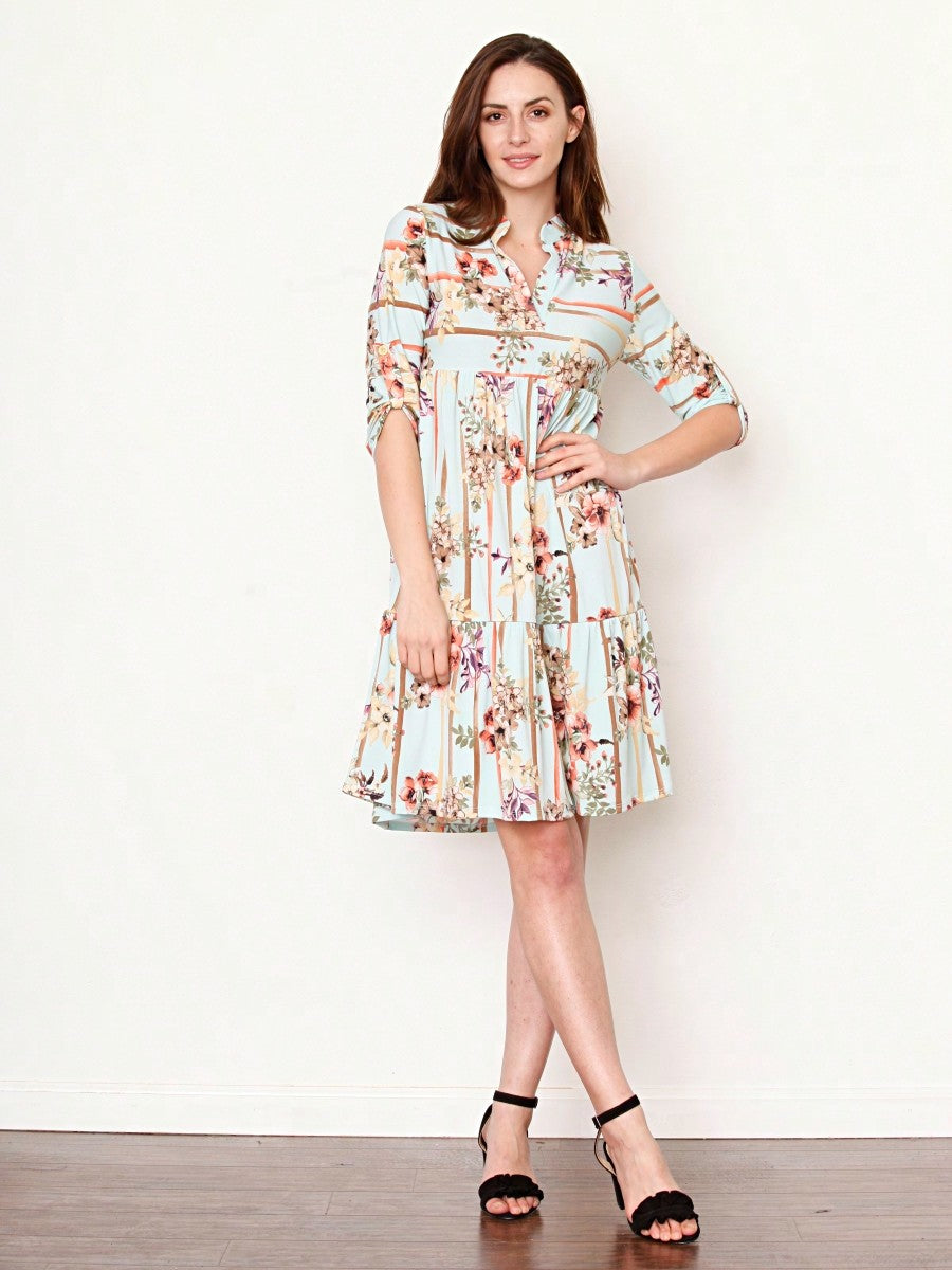 Vintage Boho Summer Fall Pink Floral Stripe Shift Swing Notch Neck Rolled Up Sleeve Southern Dress | Small-3 XL Plus