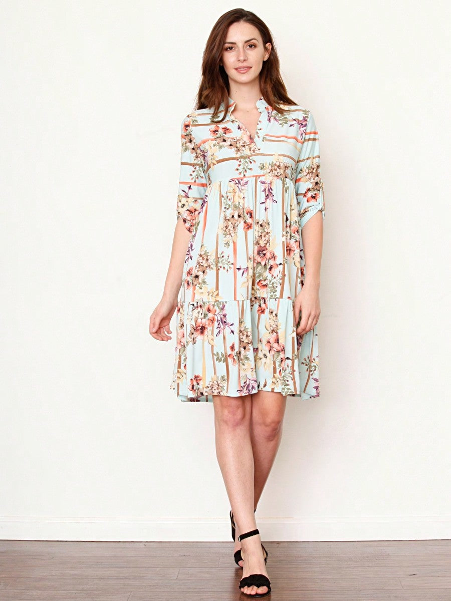 Vintage Boho Summer Fall Pink Floral Stripe Shift Swing Notch Neck Rolled Up Sleeve Southern Dress | Small-3 XL Plus
