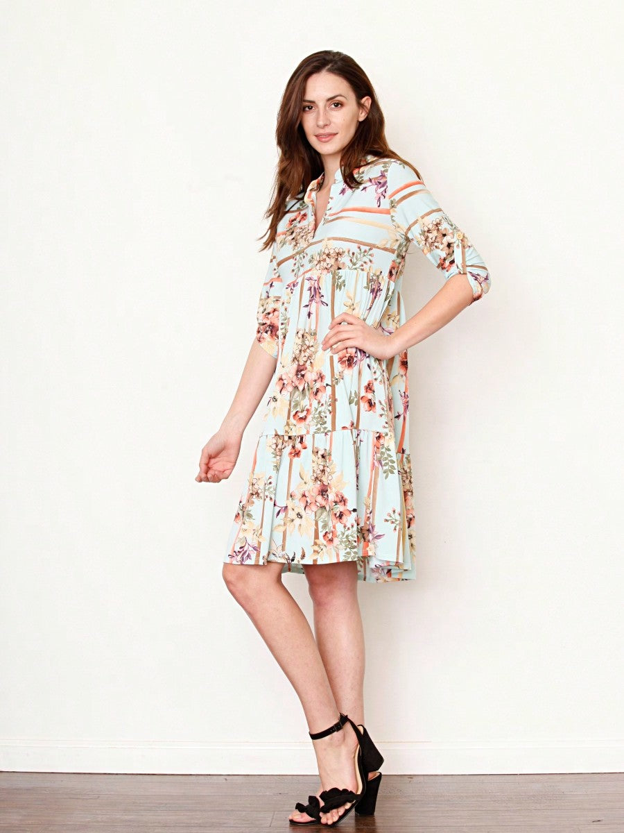 Vintage Boho Summer Fall Pink Floral Stripe Shift Swing Notch Neck Rolled Up Sleeve Southern Dress | Small-3 XL Plus