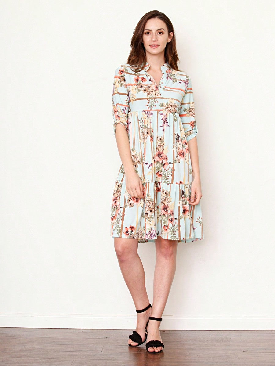 Vintage Boho Summer Fall Pink Floral Stripe Shift Swing Notch Neck Rolled Up Sleeve Southern Dress | Small-3 XL Plus