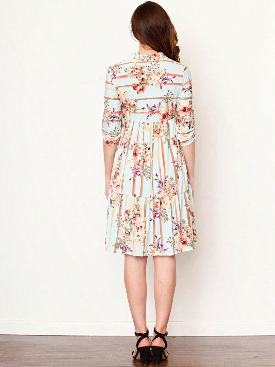 Vintage Boho Summer Fall Pink Floral Stripe Shift Swing Notch Neck Rolled Up Sleeve Southern Dress | Small-3 XL Plus